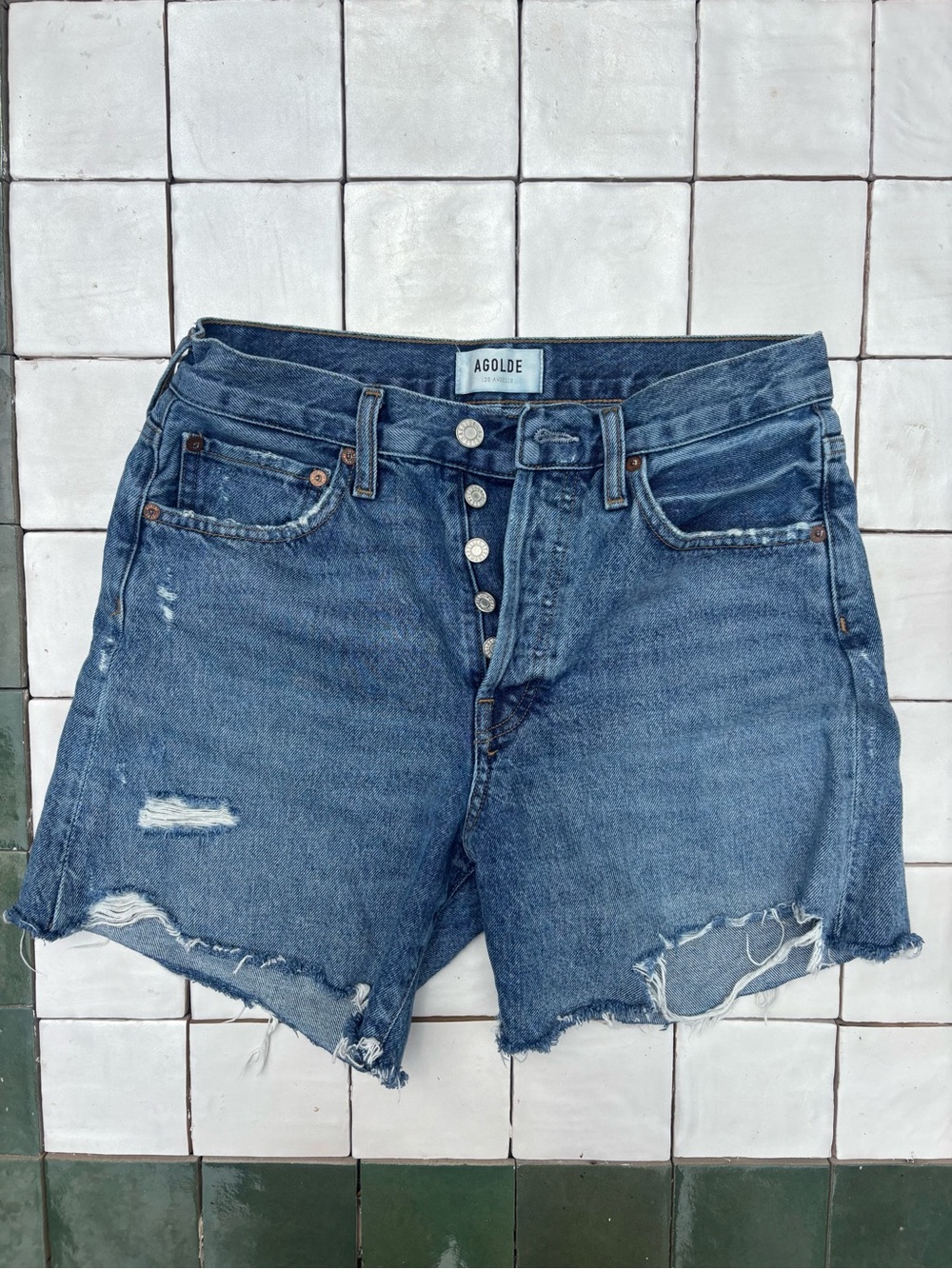 Agolde Raw-Hem Distressed Denim Shorts in Dark Blue
